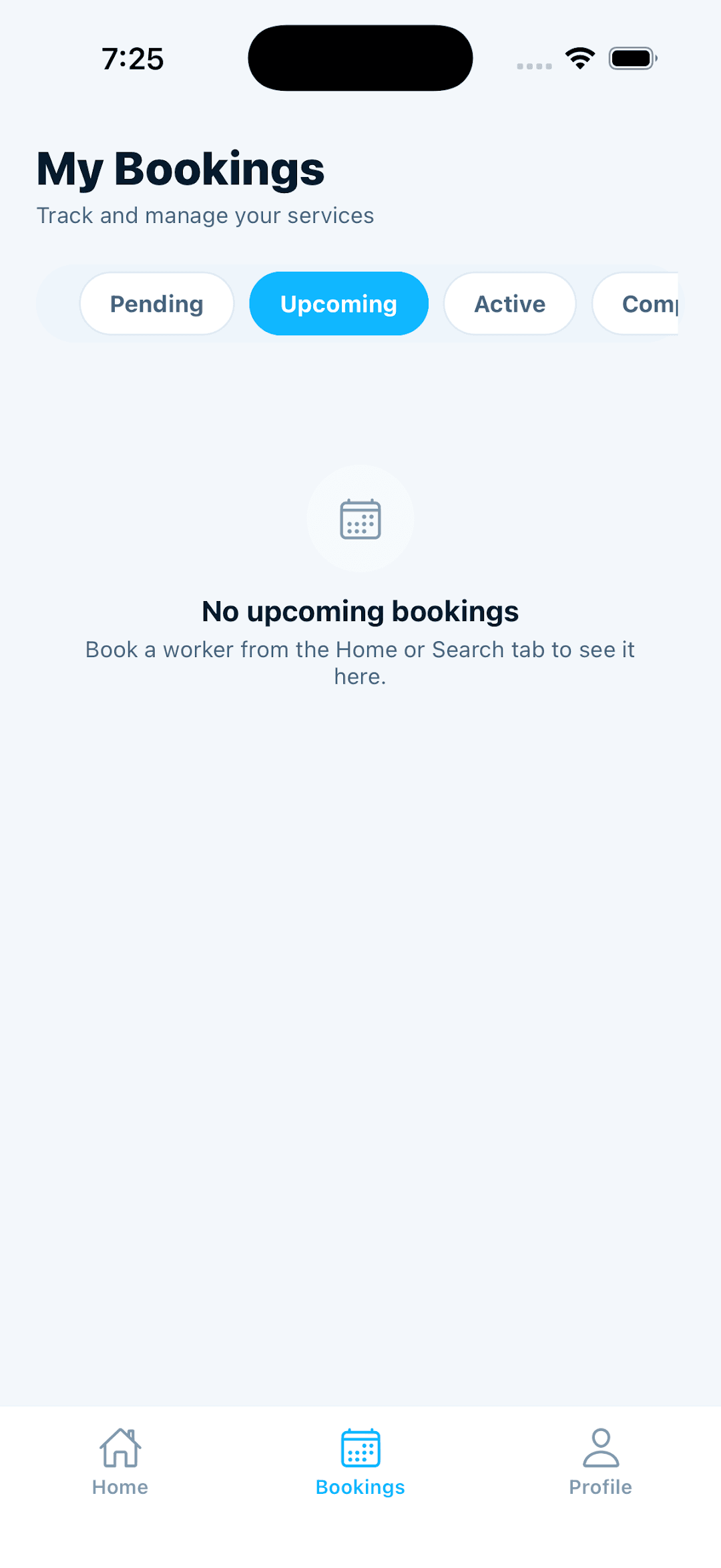 WOFO My Bookings screen with Upcoming selected and no bookings yet